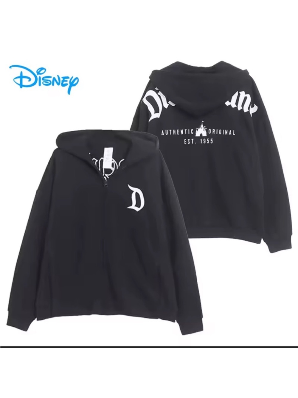 Disney Black Men's Zip-Up Hoodie with White 'D' Logo